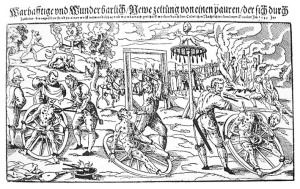 A print from 1589 shows the story of a witch/werewolf, Peter Stumpf (shown in wolf form attacking a child in upper left) who is caught and punished as shown.